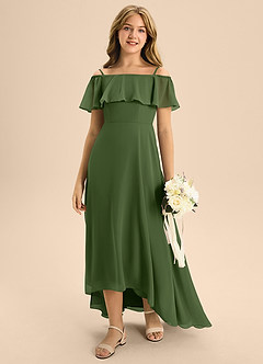 Azazie Maggie Junior A-Linie Schulterfrei Chiffon Kleid Olivgrün image3