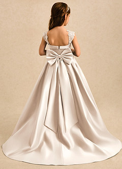 Azazie Genie Flower Girl Dresses White Alabaster Ball-Gown Off the Shoulder Matte Satin Dress image2