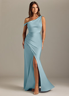 Azazie Madelyn Bridesmaid Dresses Moody Blue Mermaid Off the Shoulder Stretch Satin Convertible Dress image1