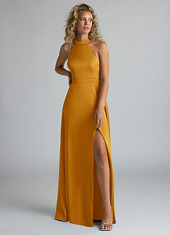 Azazie Clarice Bridesmaid Dresses Butterscotch A-Line High Neck Stretch Satin Dress image5
