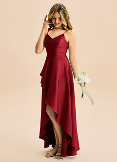 Azazie Eirlys Junior Scarlet A-Line Pleated Stretch Satin Dress image3