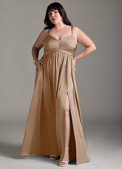 Azazie Alia Bridesmaid Dresses Taupe A-Line Pleated Stretch Satin Dress image8