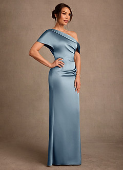 Azazie Rutha Mother of the Bride Dresses Dusty Blue Sheath One Shoulder Stretch Satin Dress image3