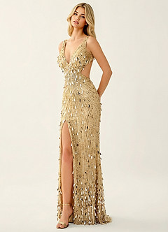 Veda Champagne Robe de bal sirène scintillante à col en V et fente haute image4