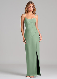 Azazie Calandra At-home Try On Dresses Dusty Sage Sheath Pleated Chiffon Dress image5