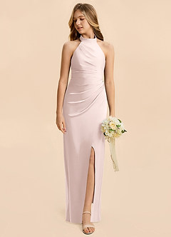 Azazie Jemma Junior Blushing Pink Sheath Ruched Stretch Satin Dress image3