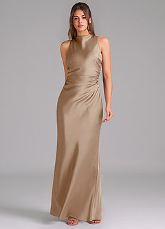 Azazie Evadne Bridesmaid Dresses Taupe A-Line Pleated Stretch Satin Dress image3