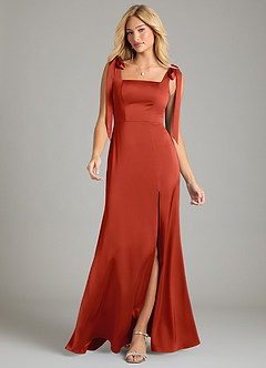 Azazie Frostine Bridesmaid Dresses Rust A-Line Bow Stretch Satin Dress image4