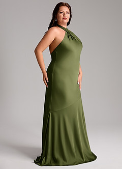 Azazie Lorena Bridesmaid Dresses Olive Mermaid Pleated Stretch Satin Dress image11