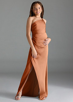 Azazie Eren Junior Copper Sheath Pleated Stretch Satin Dress image3