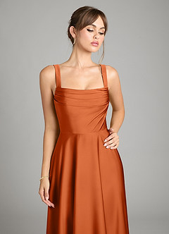 Azazie Shaude Bridesmaid Dresses Burnt Orange A-Line Pleated Stretch Satin Dress image3
