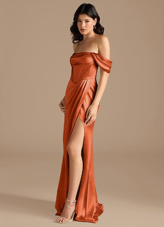 Azazie Lynden Bridesmaid Dresses Burnt Orange Sheath Off the Shoulder Metallic Satin Convertible Dress image8