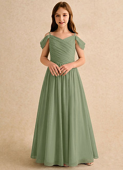Azazie Chelo Girls Formal Abiti da Ragazza di Fiori Abito A-Line in Chiffon Plissettato Pistacchio image4