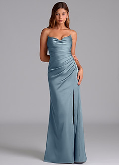 Azazie Claudelle At-home Try On Dresses Dusty Blue Mermaid Strapless Stretch Satin Dress image6