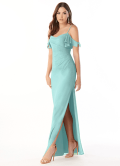 Azazie Emeralda Bridesmaid Dresses Aqua Sheath Off the Shoulder Chiffon Dress image3