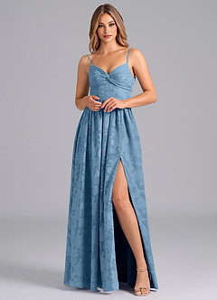 Azazie Zeya Bridesmaid Dresses Steel Blue A-Line Bow Floral Burnout Dress image3