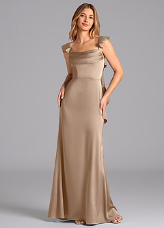 Azazie Adi Bridesmaid Dresses Taupe A-Line Pleated Stretch Satin Dress image4
