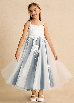 Azazie Coraline Flower Girl Dresses Ivory Dusty Blue A-Line Lace Dress image3