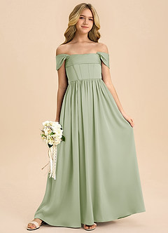 Azazie Hattie Junior Dusty Sage A-Line Pleated Stretch Satin Dress image1