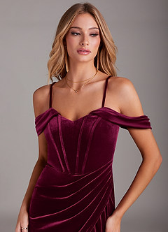 Azazie Jas At-home Try On Dresses Black Sheath Off-The-Shoulder Corset Velvet Convertible Dress image6