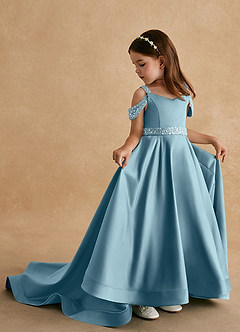 Azazie Jodi Flower Girl Dresses Moody Blue A-Line Matte Satin Dress image1