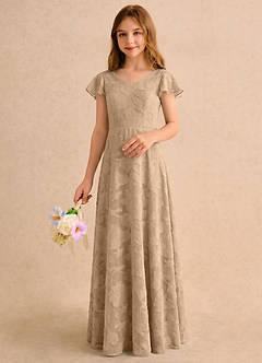 Azazie Narin Girls Formal Flower Girl Dresses Champagne A-Line with Sleeves Floral Burnout Dress image5