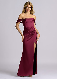 Azazie Auden Robes de demoiselle d'honneur Robe Fourreau Convertible en Satin extensible Épaules dénudées Bourgogne image7