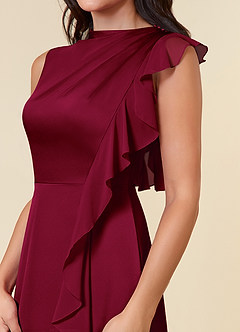Azazie Narine Mother of the Bride Dresses Burgundy A-Line High Neckline Pleated Stretch Satin Dress image4