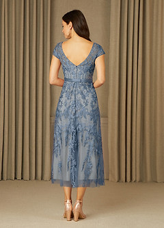 Azazie Sanna Mother of the Bride Dresses Dusty Blue Champagne A-Line Scoop Lace Tulle Dress image2