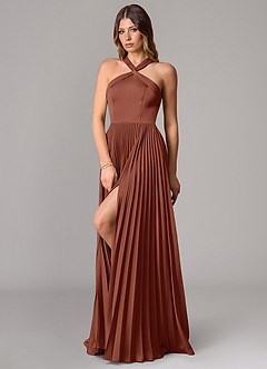 Azazie Afra Bridesmaid Dresses Auburn A-Line Pleated Stretch Satin Dress image4