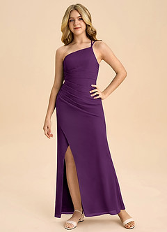 Azazie Eren Junior Vestido Uva de Chiffon de Linha A com Plissado image2