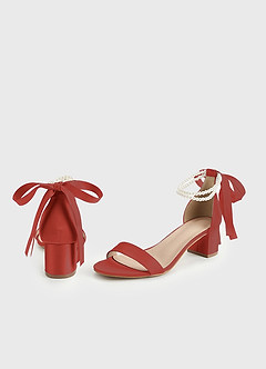 front Sandalias de tacón grueso con punta abierta, lazo y perla de satén mate a juego