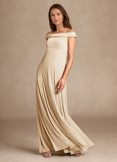 Azazie Ewa Mother of the Bride Dresses Champagne A-Line Off the Shoulder Mesh Dress image6