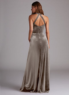 Azazie Larice Bridesmaid Dresses Silver Taupe A-Line with Pockets Velvet Dress image2