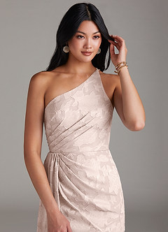 Azazie Mika Bridesmaid Dresses Blushing Pink Sheath One Shoulder Floral Burnout Dress image5