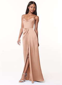 Azazie Brielle Bridesmaid Dresses Rose Gold A-Line Cowl Spaghetti Straps Stretch Satin Dress image3