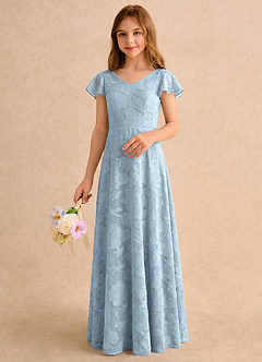 Azazie Narin Girls Formal vestidos de niña de las flores Vestido Azul Cielo de Devorado Floral de Línea A con con mangas image5