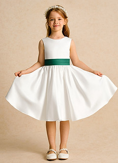 Azazie Sosie Flower Girl Dresses Ivory Emerald A-Line Pleated Matte Satin Dress image2