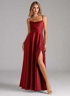 Azazie Elle Bridesmaid Dresses Scarlet A-Line Pleated Stretch Satin Dress image4