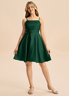 Azazie Miko Junior Dark Green A-Line Pleated Stretch Satin Dress image5