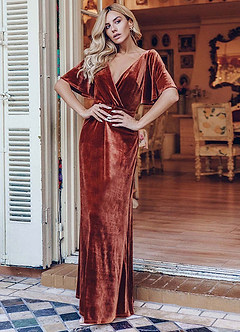 azazie-EVER-PRETTY Surplice Neck Flutter Sleeve Velvet Dress