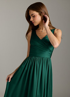 Azazie Keyla Bridesmaid Dresses Emerald A-Line Pleated Stretch Satin Dress image8