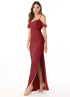 Azazie Emeralda Bridesmaid Dresses Pomegranate Sheath Off the Shoulder Chiffon Dress image1