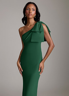 Azazie Yuanna Vestidos de damas de honor Vestido de Verde Oscuro de Gasa de Corte Sirena con Hombro unilateral image3