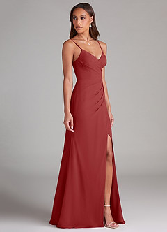 Azazie Maci Bridesmaid Dresses Rust Sheath Pleated Chiffon Dress image4