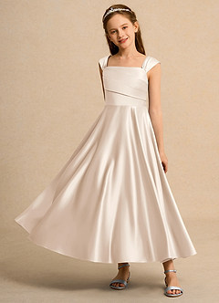 Azazie Bundle Junior Formal 플라워 걸 드레스 A라인 주름진 매트 새틴 발목 길이 드레스 image6