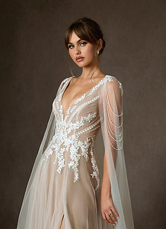 Azazie Goddess Wedding Dresses Diamond White Caramel A-Line V-Neck Sequins Tulle Dress image8