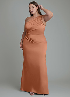 Azazie Akilah Jurken voor bruidsmeisjes Jurk van Stretch Satijn met Zeemeermin One-shoulder Bronzeertint image10