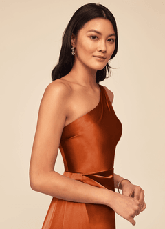 Azazie Maron Bridesmaid Dresses Burnt Orange A-Line One Shoulder Stretch Satin Dress image10