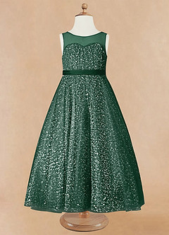 Azazie Siwa Flower Girl Dresses Dark Green A-Line Beaded Tulle Dress image5